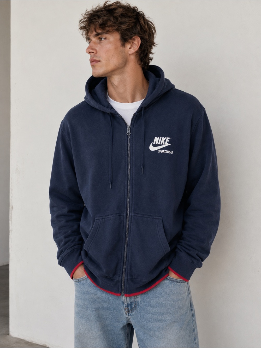 Nike Sportswear Full Zip Hoodie Large Navy Red White Swoosh
